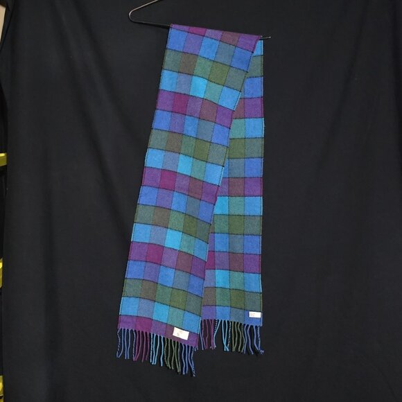 CALZEAT of Scotland 100% Lambswool Scarf Blue Purple Green Squares 9 1/2"x70" - Picture 1 of 4